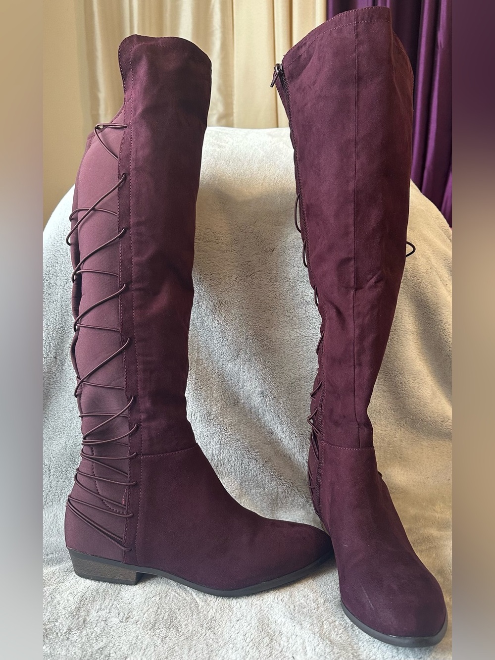 Material Girl Over-the-Knee Lace-Up Boots in Burgundy